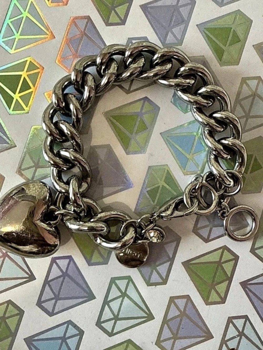 Heavy Silver Tone Chain Bracelet By Chicos With Heart And Clear Rhinestone Charm